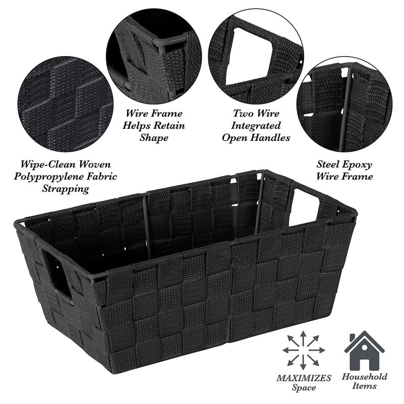 Simplify Small Shelf Woven Strap Tote | Decorative Storage Basket | Built in Handles | Organization | Closet | Bedroom | Bathroom | Nursery | Accessories | Toys | Gifts | 1 Pack | Black