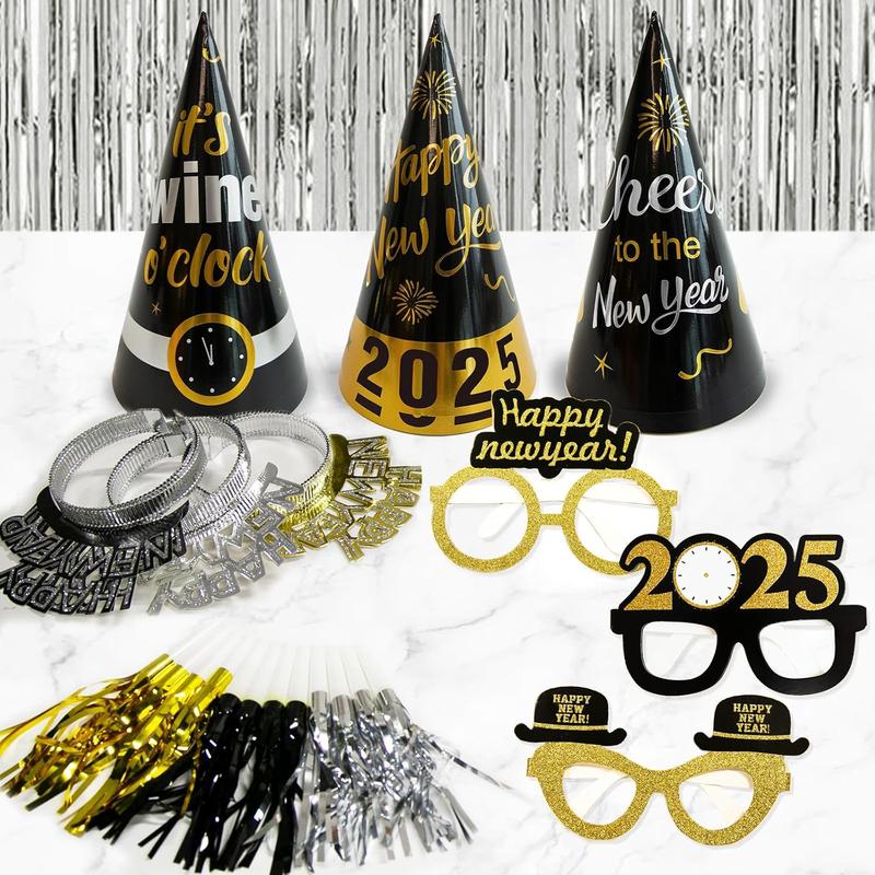 New Years Eve Party Supplies 2025 - Happy New Year Decorations Kit - Includes Banner, Hats, Glasses, Tiaras, Balloons, Squawkers and Fringe Curtains - Accessories for Adults Kids Party Decor