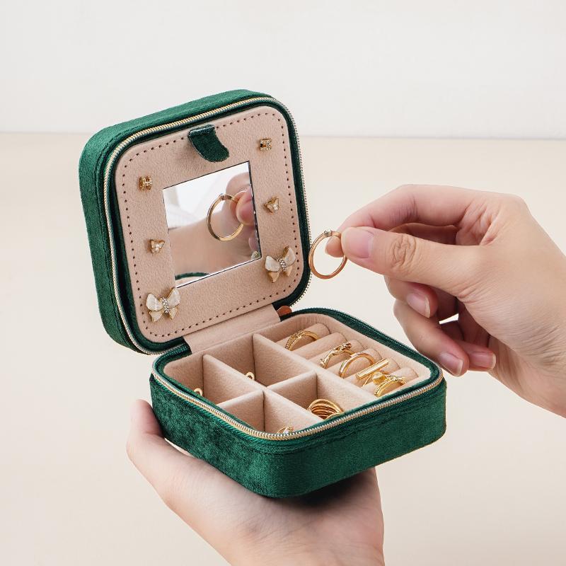 Jewelry Organizer with Mirror, 1 Count Spring Square Multi Grid Dustproof Travel Jewelry Storage Box with Zipper, Summer Gift, Portable Organizer for Earring Necklace Ring