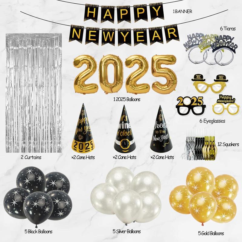 New Years Eve Party Supplies 2025 - Happy New Year Decorations Kit - Includes Banner, Hats, Glasses, Tiaras, Balloons, Squawkers and Fringe Curtains - Accessories for Adults Kids Party Decor