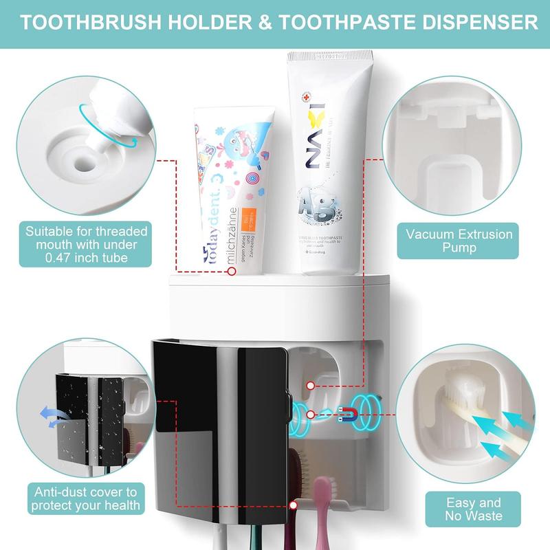 Toothbrush Holder Toothpaste Dispenser Wall Mounted Cover Electric Tooth Brush Stand Set with 2 Toothpaste Squeezers for Shower Bathroom Kids Black (No Electric, No Light)