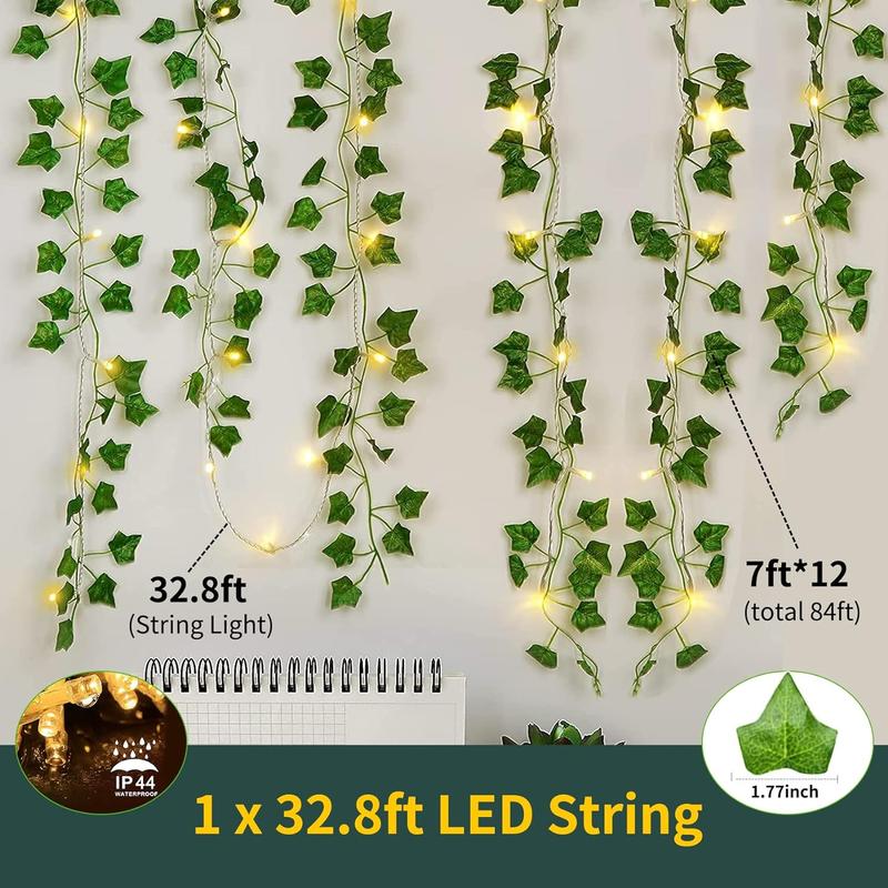 84Ft 12 Pack Artificial Ivy Garland Fake Plants, Vine Hanging Garland with 80 LED String Light, Hanging for Home Kitchen Garden Office Wedding Wall Decor, Green Decorative Fruit