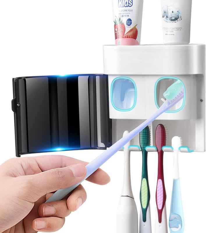 Toothbrush Holder Toothpaste Dispenser Wall Mounted Cover Electric Tooth Brush Stand Set with 2 Toothpaste Squeezers for Shower Bathroom Kids Black (No Electric, No Light)