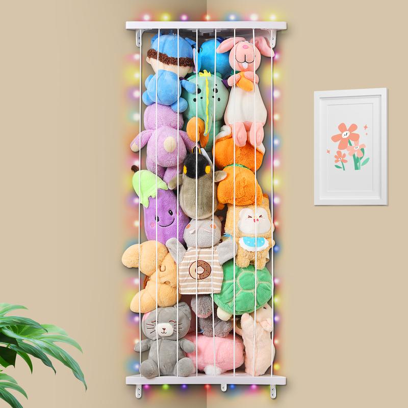 Corner Stuffed Animal Storage Organizer - Kids Stuffed Animals Holder with Lights - Wall Stuffed Animal Zoo with Adjustable Length for Nursery Playroom Bedroom