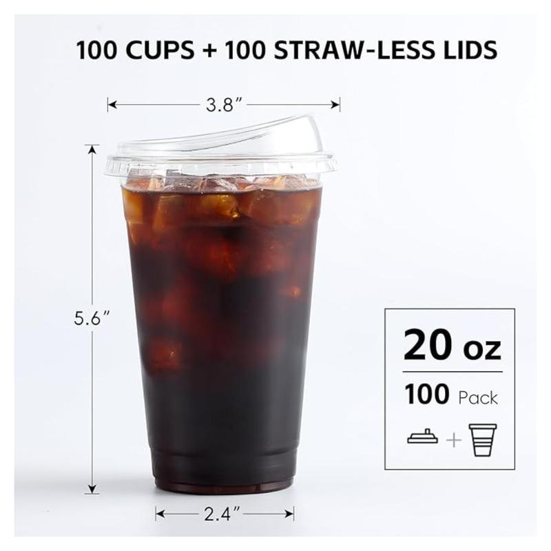 100 Sets of 20oz Crystal Clear Plastic Cups With Straw less Sip-Lids Smoothies Pet Christmas Gifts, Christmas Décor, Thanksgiving Gift Disposable cups