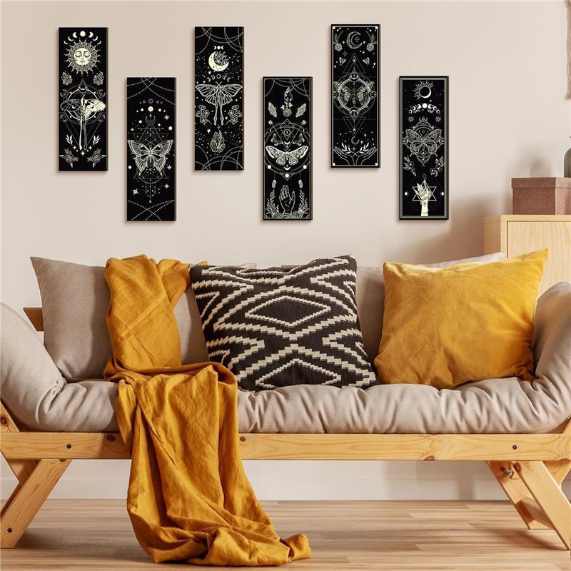 6 Pieces Boho Wall Decorations Sun and Moon Wood Signs Farmhouse Rustic Wall Pediments with Hanging Living Room Ornaments Hangable Ornaments Hangable