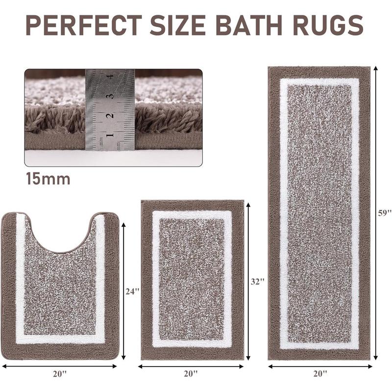 Bathroom Rug Mat Set 3 Piece, Microfiber Shaggy Bath Set, Non-Slip Ultra Soft Carpet Mats, Absorbent with U-Shaped Toilet for Bathroom, Tub, Shower, Dark Grey