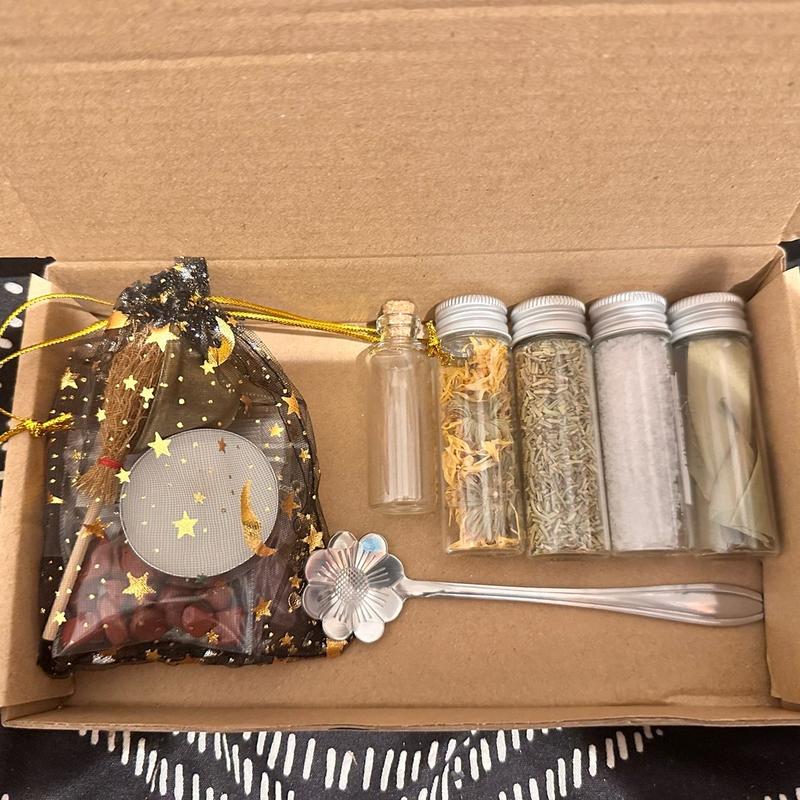 Beginner's Spell Kit with Herbs, Salts, Crystals, Bell, Mini Broom, Charms, Spoon and Tea Light Candle