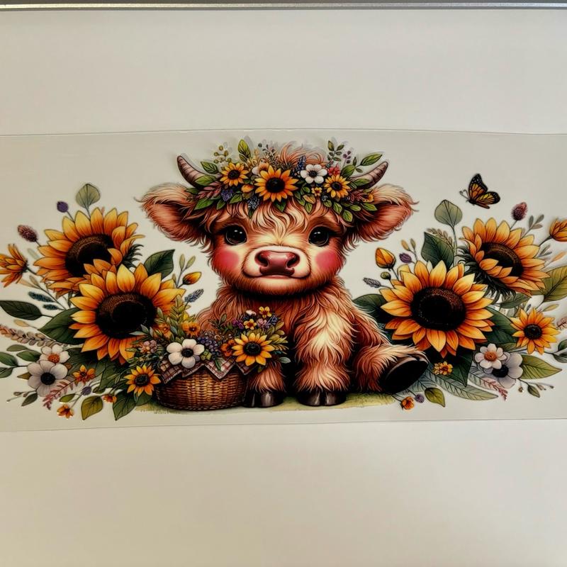 Sunflowers Highland Cow UVDTF Wrap 16oz Cup Wrap Decorative Stickers Waterproof Glass