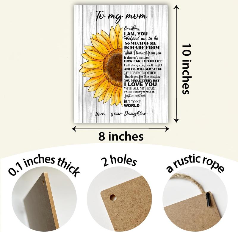 Wood Hanging Sign Gift for Mom from Daughter, Mother's Day Wooden Plaque with Rope, Mom Gifts From Daughters, To My Mom Sunflower Bedroom Wall Shelf Kitchen Home Ornament Birthday Gifts