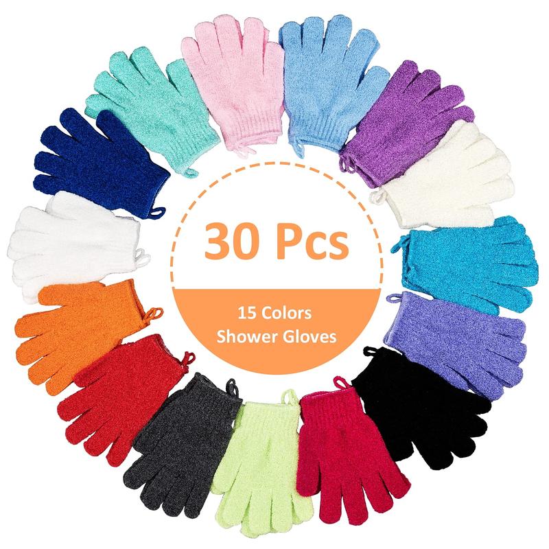 30 Pcs Exfoliating Gloves for Shower, 15 Colors Body Exfoliator Glove with Hanging Loop, Scrub Exfoliate Glove Mitt Bath Face Spa Hand Scrubber Wash Deep Scrubbing Dead Skin for Women Men