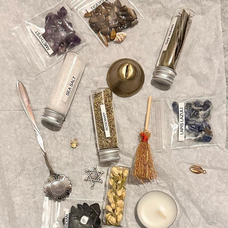 Beginner's Spell Kit with Herbs, Salts, Crystals, Bell, Mini Broom, Charms, Spoon and Tea Light Candle