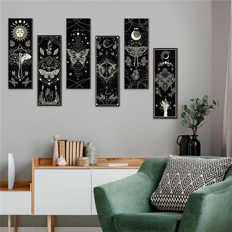 6 Pieces Boho Wall Decorations Sun and Moon Wood Signs Farmhouse Rustic Wall Pediments with Hanging Living Room Ornaments Hangable Ornaments Hangable