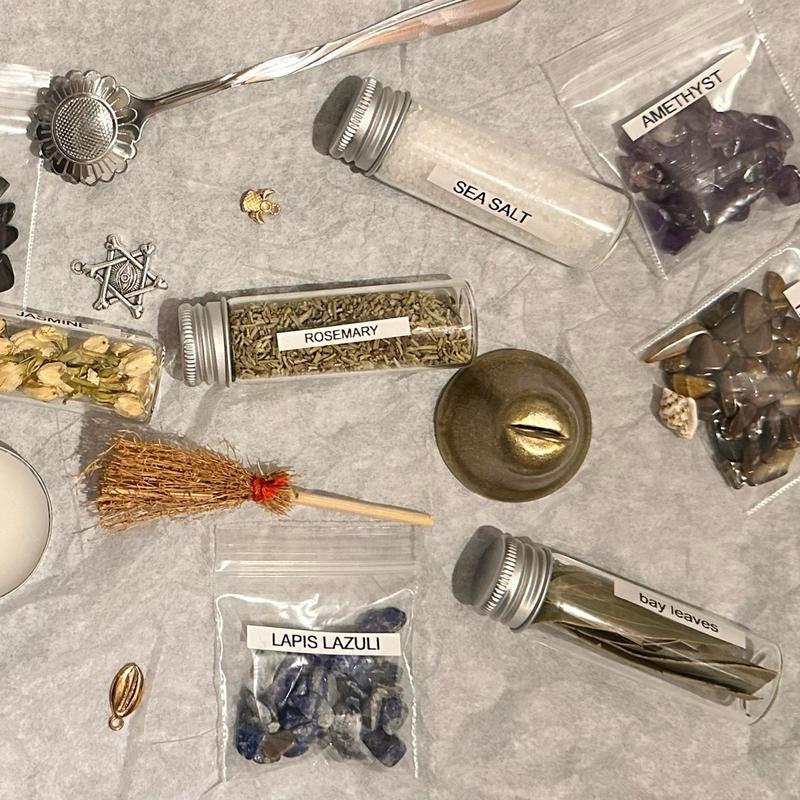 Beginner's Spell Kit with Herbs, Salts, Crystals, Bell, Mini Broom, Charms, Spoon and Tea Light Candle