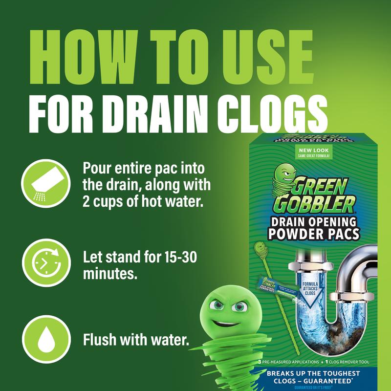 Green Gobbler Drain Opening Pacs - 3 Pac Canister - Bleach Free Formula Household Kitchen