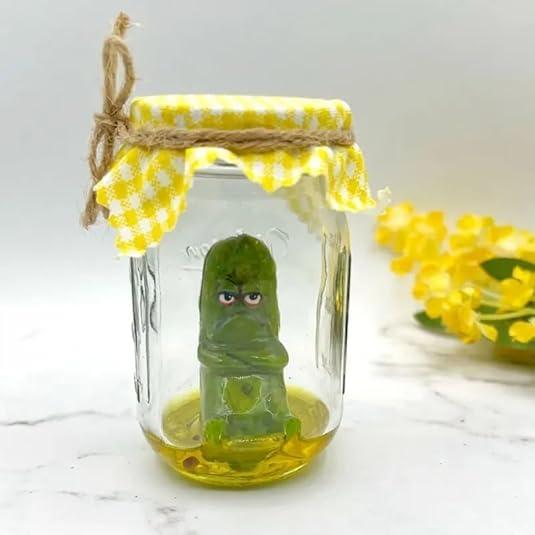 Grumpy Pickle in A Jar Sculpture, Handcrafted Artisan Pickle, Emotional Support Jar, Funny Mini Glass Pickle Jar Cucumbers Ornament,Pickle in a Jar Sculpture Gift for Pickle Lovers Decor Palm