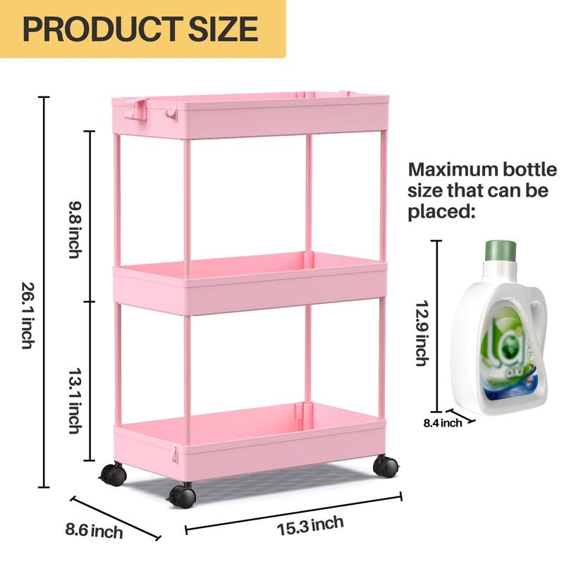 Rolling Storage Cart 3 Tier, Bathroom Cart Organizer Laundry Room Organizer Utility Cart Mobile Shelving Unit Multi-Functional Shelves for Office, Kitchen, Bathroom, Pink