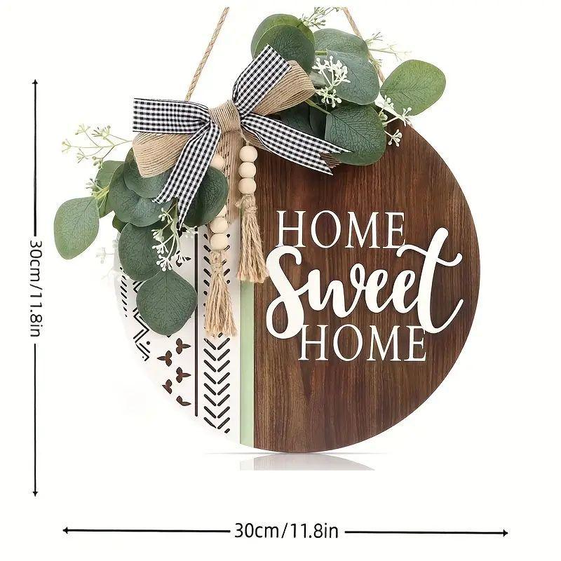 3D Welcome Front Door Wreath Porch Decor, Wooden Home Sweet Home Boho Outdoor Sign Hanging, Farmhouse Aztec Wall Sign Hanger with Artificial Leaves&Rustic Beads