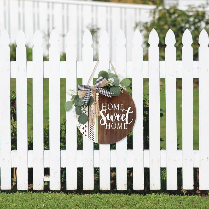 3D Welcome Front Door Wreath Porch Decor, Wooden Home Sweet Home Boho Outdoor Sign Hanging, Farmhouse Aztec Wall Sign Hanger with Artificial Leaves&Rustic Beads