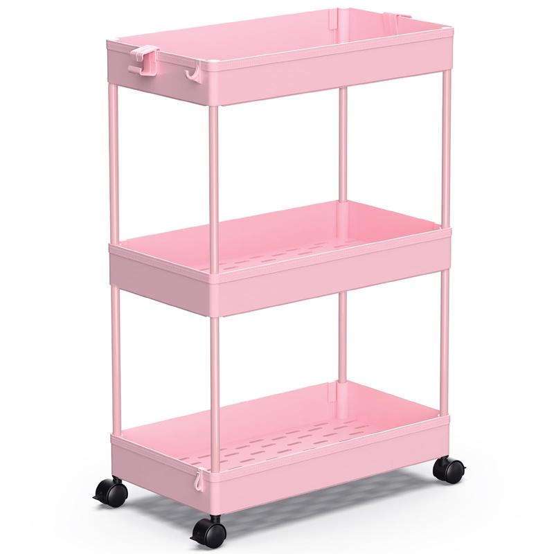 Rolling Storage Cart 3 Tier, Bathroom Cart Organizer Laundry Room Organizer Utility Cart Mobile Shelving Unit Multi-Functional Shelves for Office, Kitchen, Bathroom, Pink