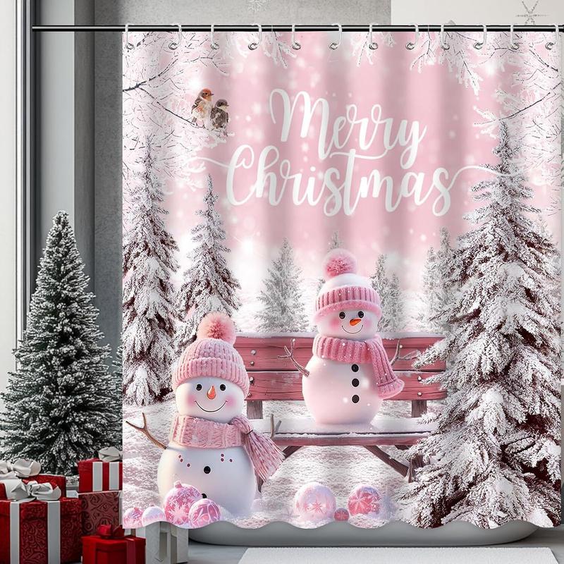 Merry Christmas Shower Curtain - Pink Snowman, 12 Hooks, Winter Snowflake Bathroom Decor, Waterproof Fabric (72x72 Inch)