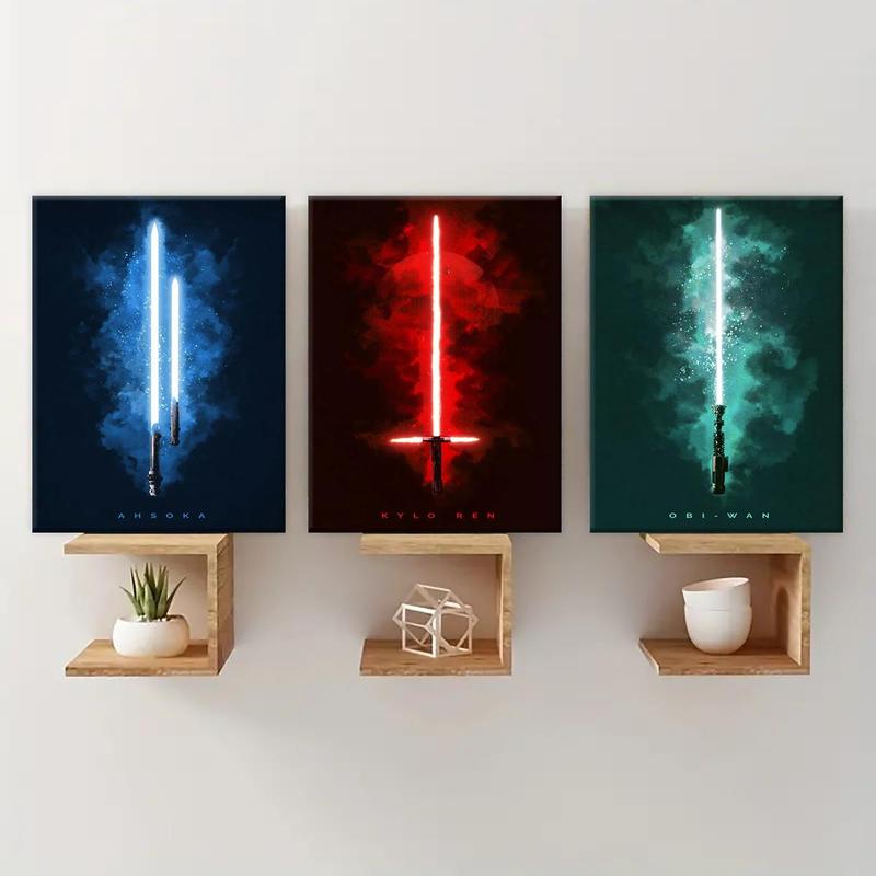 Light Saber Pattern Canvas Painting with Frame, 3 Counts Modern Wall Art Poster, Canvas Art Wall Art Decor for Home Living Room Bedroom Office, Wall Art Painting Room Decor, Christmas 2024 Ornament, Christmas Gift Ideas, Stocking Stuffers