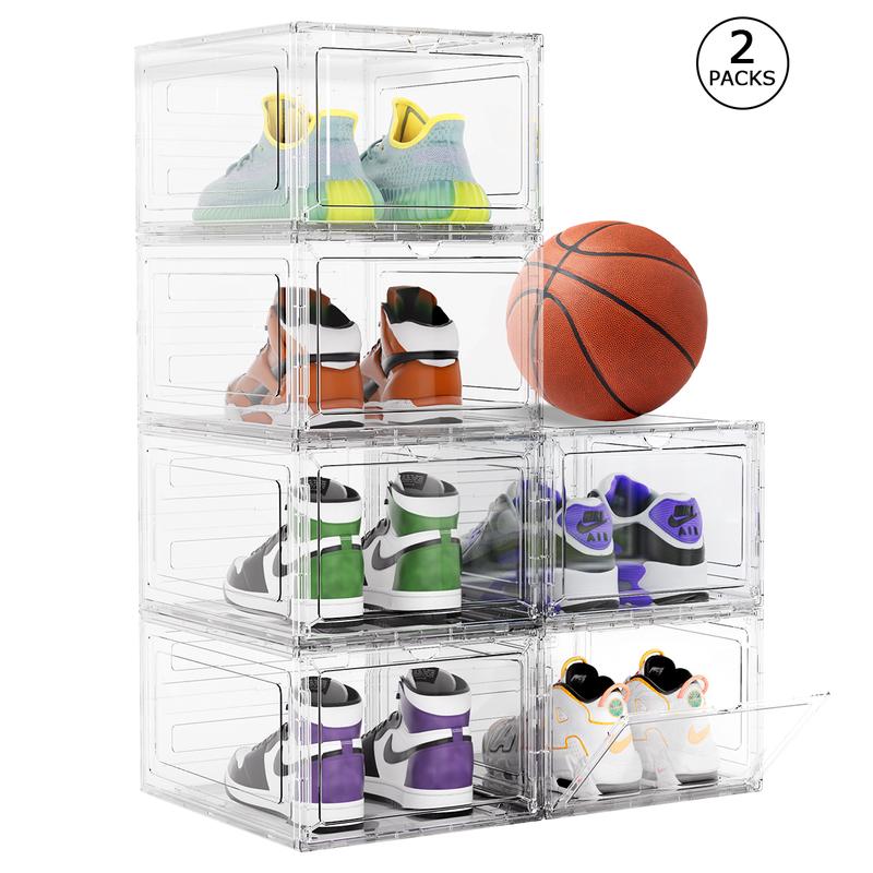 Anyask Drop Front Plastic Shoe Box with Clear Door Set of 2 Stackable For Display Sneakers Easy Assembly Fit up to US Size 12(13.4”x 10.6”x 7.4”)