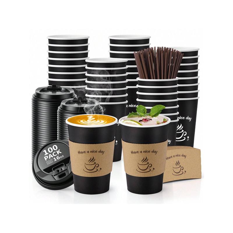 Crafted Living  100 Pack 12oz 16 Oz Coffee Cups With Lids, Paper Coffee Cups For Hot & Cold Drinks, To Go Coffee Cups With Lids For Coffee, Tea, Chocolate, Juice, Insulated Paper Coffee Cups School Supplies