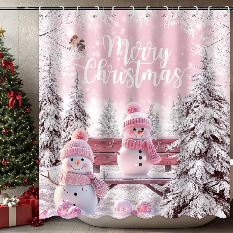 Merry Christmas Shower Curtain - Pink Snowman, 12 Hooks, Winter Snowflake Bathroom Decor, Waterproof Fabric (72x72 Inch)