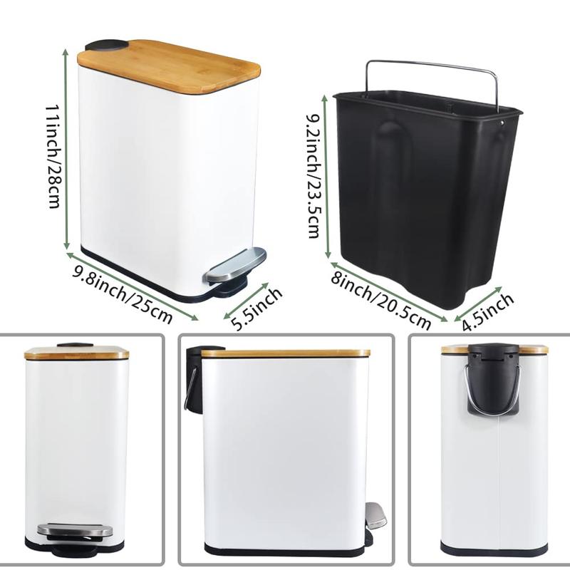 Bathroom Trash Can with Bamboo Lid Soft Close and Foot Pedal, Slim Garbage Can with Inner Wastebasket for Bedroom 1.3Gal 5L