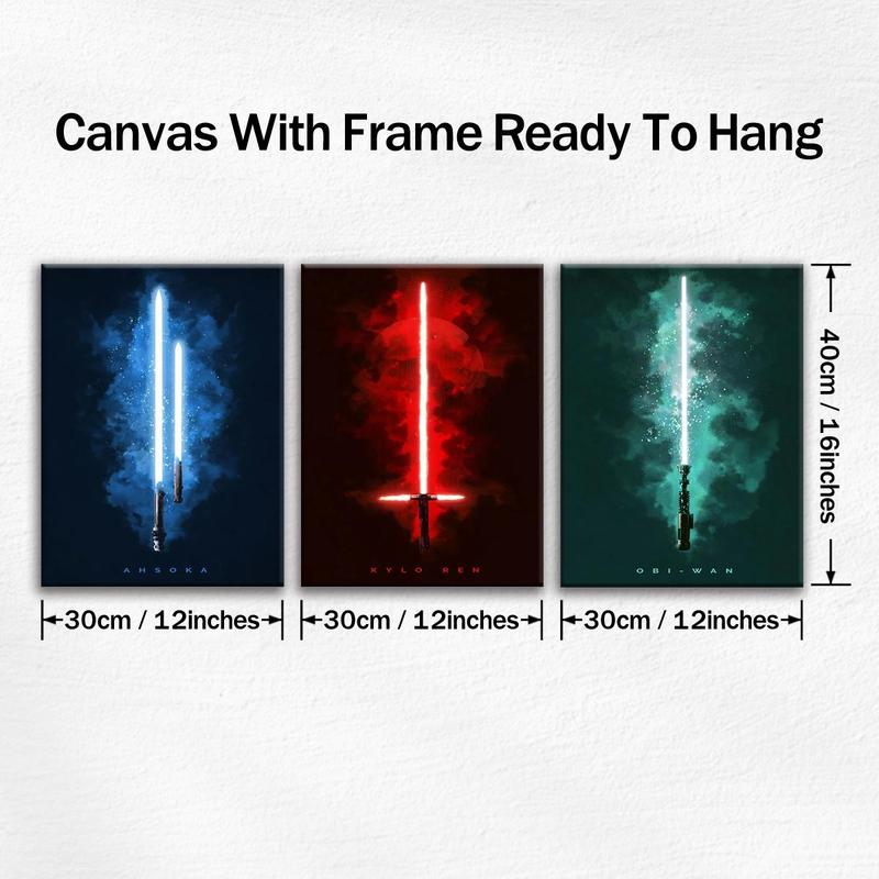 Light Saber Pattern Canvas Painting with Frame, 3 Counts Modern Wall Art Poster, Canvas Art Wall Art Decor for Home Living Room Bedroom Office, Wall Art Painting Room Decor, Christmas 2024 Ornament, Christmas Gift Ideas, Stocking Stuffers