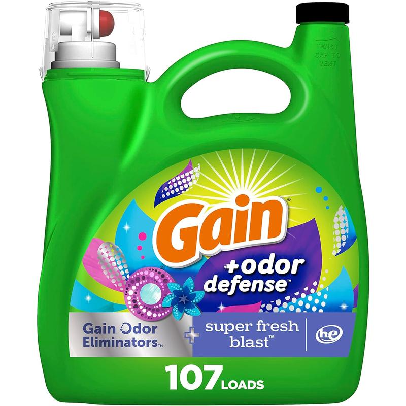 Gain + Odor Defense Liquid Laundry Detergent, Super Fresh Blast Scent, 107 Loads, HE Compatible Gain