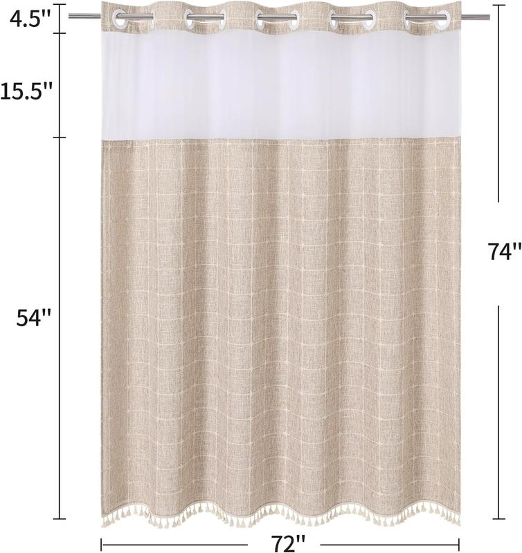 No Hooks Required Farmhouse Shower Curtain with Snap-in Liner - with Window & Magnets, Boho Cotton Linen Fabric Shower Curtains with Tassels for Rustic Bathroom Decor, Tan Taupe, 72 x 74