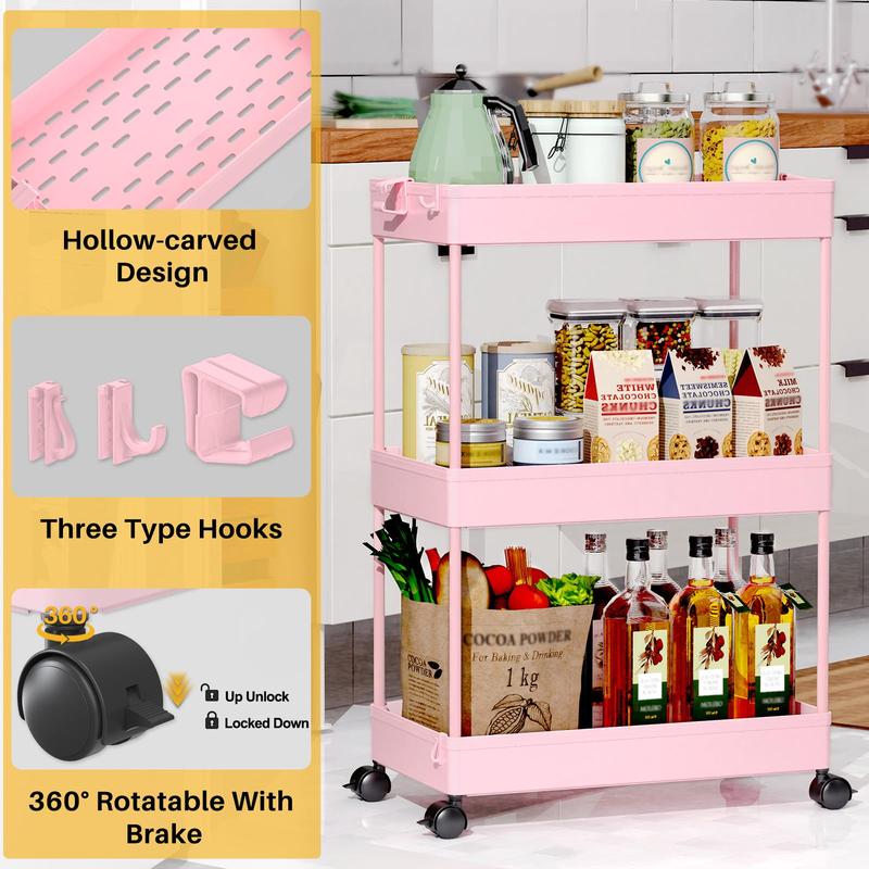 Rolling Storage Cart 3 Tier, Bathroom Cart Organizer Laundry Room Organizer Utility Cart Mobile Shelving Unit Multi-Functional Shelves for Office, Kitchen, Bathroom, Pink