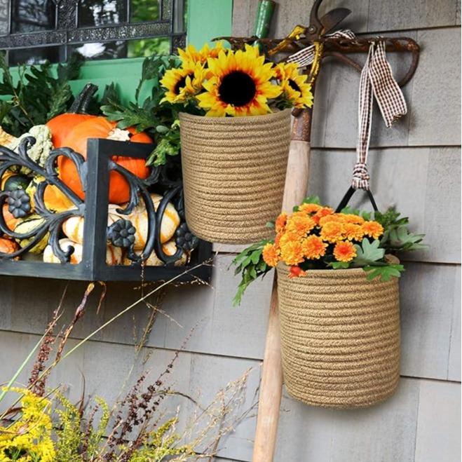 Goodpick 2 pack Jute Hanging Basket - Small Woven Fern Hanging Rope Basket Flower Plants Wall Basket Decor Set Boho, Handmade Storage Baskets of Natural Material 7.87 x 7 x 11.7 inches