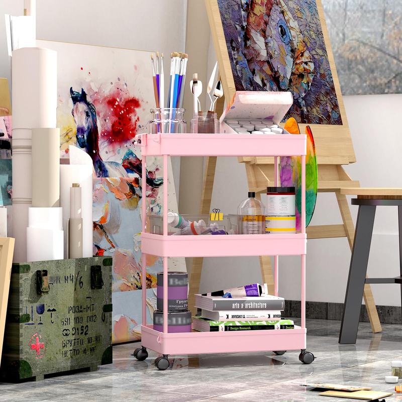 Rolling Storage Cart 3 Tier, Bathroom Cart Organizer Laundry Room Organizer Utility Cart Mobile Shelving Unit Multi-Functional Shelves for Office, Kitchen, Bathroom, Pink