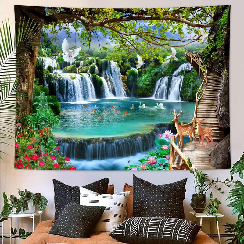 Waterfall & Forest Pattern Tapestry, 1 Count Decorative Natural Landscape Pattern Wall Hanging Tapestry, Wall Art Decor for Home Living Room Bedroom