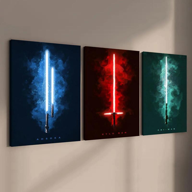 Light Saber Pattern Canvas Painting with Frame, 3 Counts Modern Wall Art Poster, Canvas Art Wall Art Decor for Home Living Room Bedroom Office, Wall Art Painting Room Decor, Christmas 2024 Ornament, Christmas Gift Ideas, Stocking Stuffers