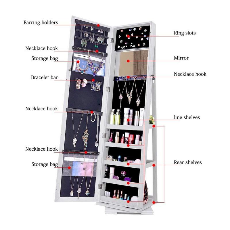 360 Degree Rotatable Jewelry Armoire with Free-Standing Mirror, White Decor Door Decor Door