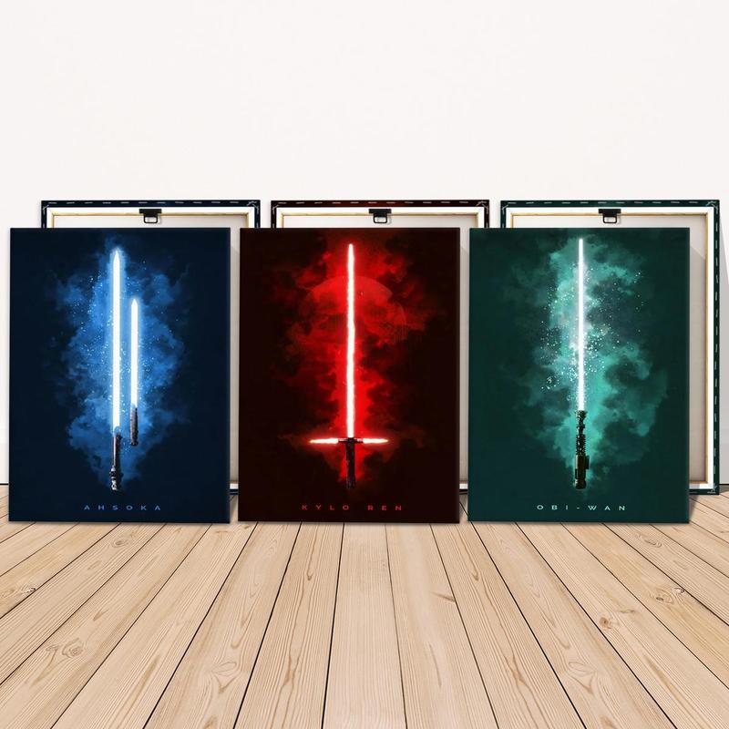 Light Saber Pattern Canvas Painting with Frame, 3 Counts Modern Wall Art Poster, Canvas Art Wall Art Decor for Home Living Room Bedroom Office, Wall Art Painting Room Decor, Christmas 2024 Ornament, Christmas Gift Ideas, Stocking Stuffers