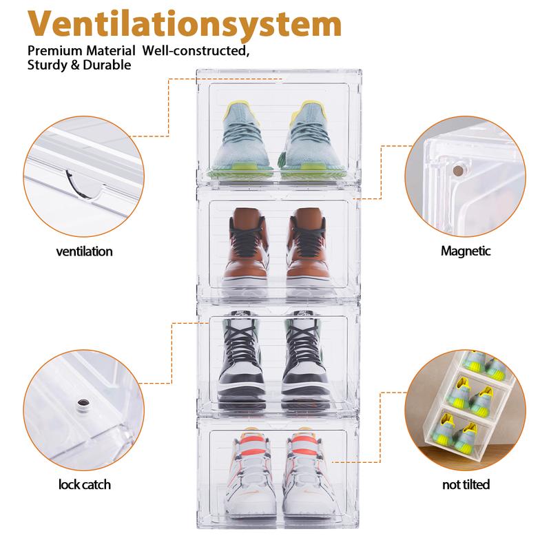 Anyask Drop Front Plastic Shoe Box with Clear Door Set of 2 Stackable For Display Sneakers Easy Assembly Fit up to US Size 12(13.4”x 10.6”x 7.4”)