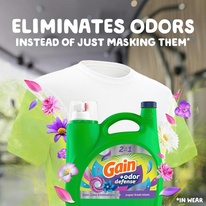 Gain + Odor Defense Liquid Laundry Detergent, Super Fresh Blast Scent, 107 Loads, HE Compatible Gain