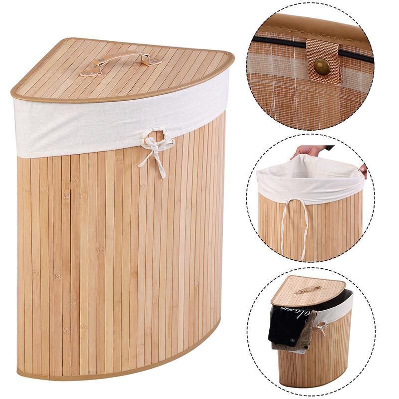 FestivalJoy-Corner Bamboo Hamper Laundry Basket Cotton Organiser