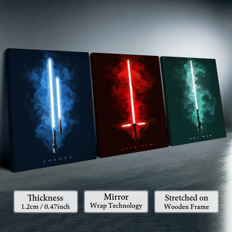 Light Saber Pattern Canvas Painting with Frame, 3 Counts Modern Wall Art Poster, Canvas Art Wall Art Decor for Home Living Room Bedroom Office, Wall Art Painting Room Decor, Christmas 2024 Ornament, Christmas Gift Ideas, Stocking Stuffers