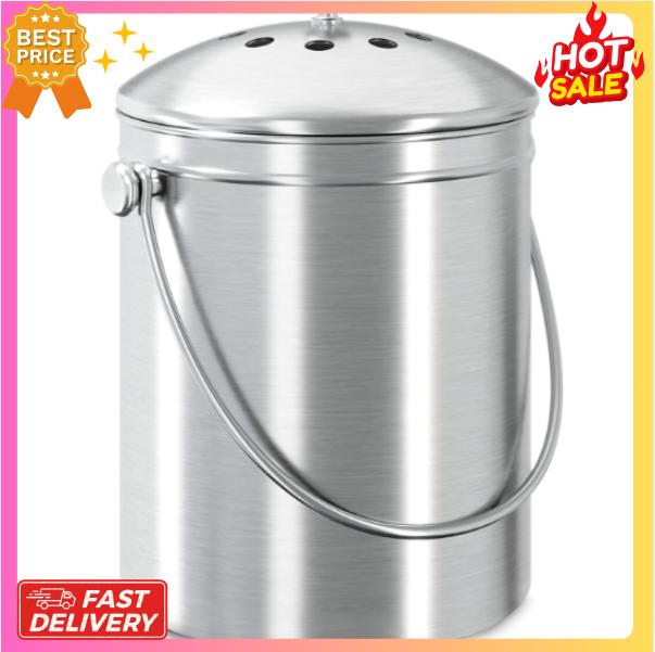 Compost Bin for Kitchen Countertop - 1.3 Gallon Compost Bucket for Kitchen with Lid - Includes 1 Spare Charcoal Filter (Silver)