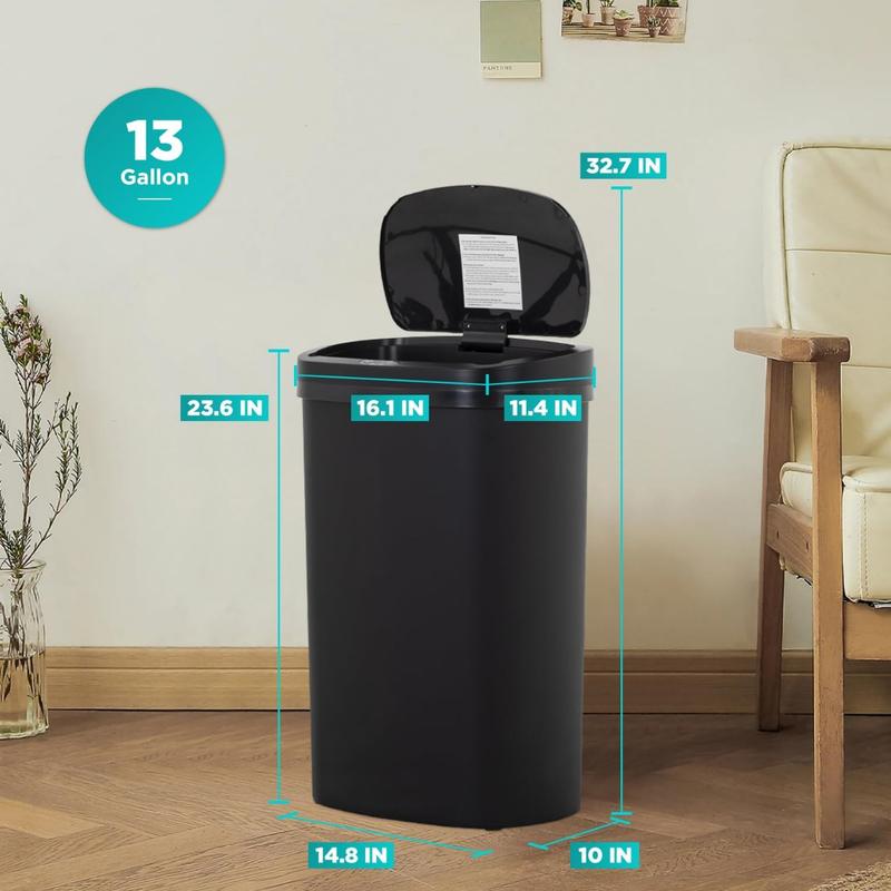 13 Gallon Trash Can Kitchen Trash Can Automatic Garbage Can with Lid Touch Free High-Capacity Motion Sensor for Kitchen Bedroom Bathroom Office Wateproof Trash Bin (1, Black)