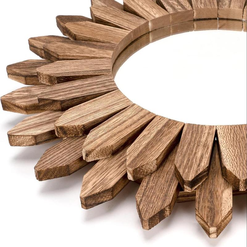 Wooden Sunflower Shaped Wall Mirror, Vintage Wooden Wall Mirror, Wall Hanging Decorative Mirror for Home Living Room Bedroom