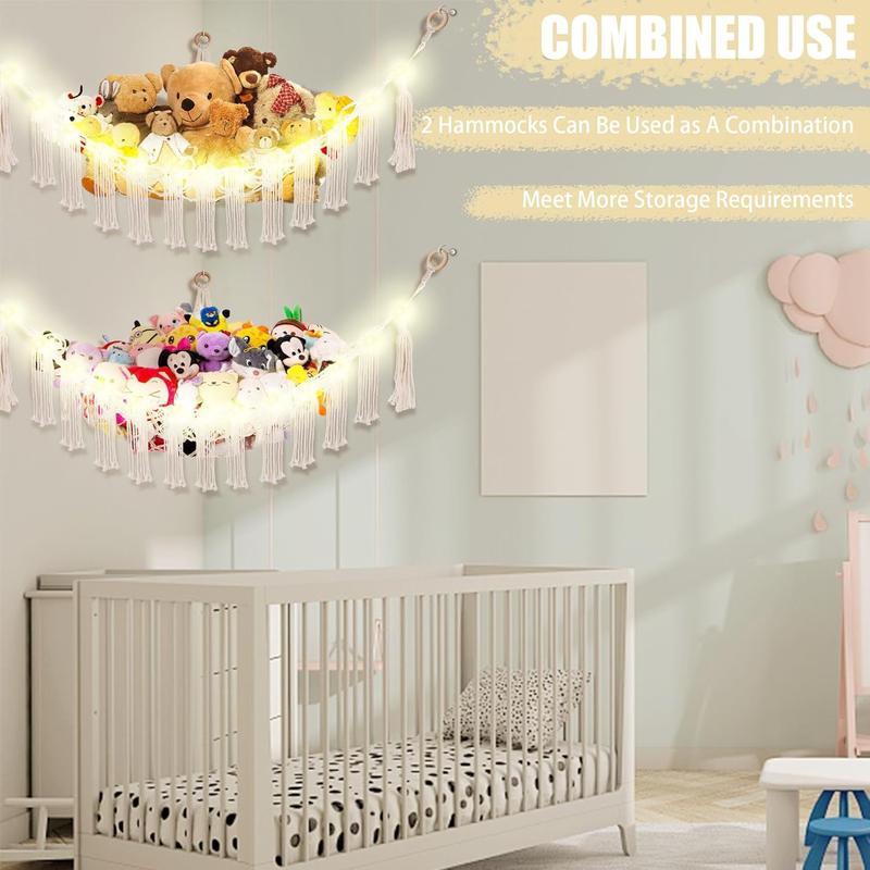 Hammock Corner with LED Light - Toy Storage Hammock Plushie Net Large - Cute Holder Hanging Organizer - Room Decor Cotton Decoration