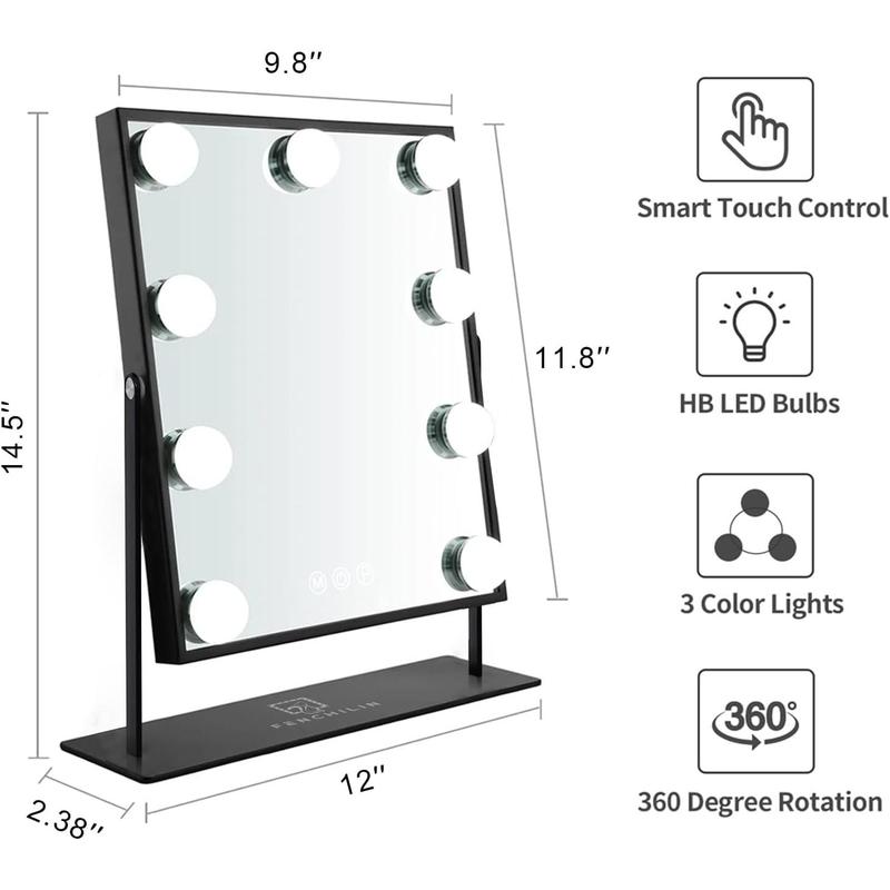 Hollywood Mirror with Light Lighted Makeup Mirror Vanity Makeup Mirror Smart Touch Control 3 Colors Dimable Light Detachable 10X Magnification 360°Rotation(Black)