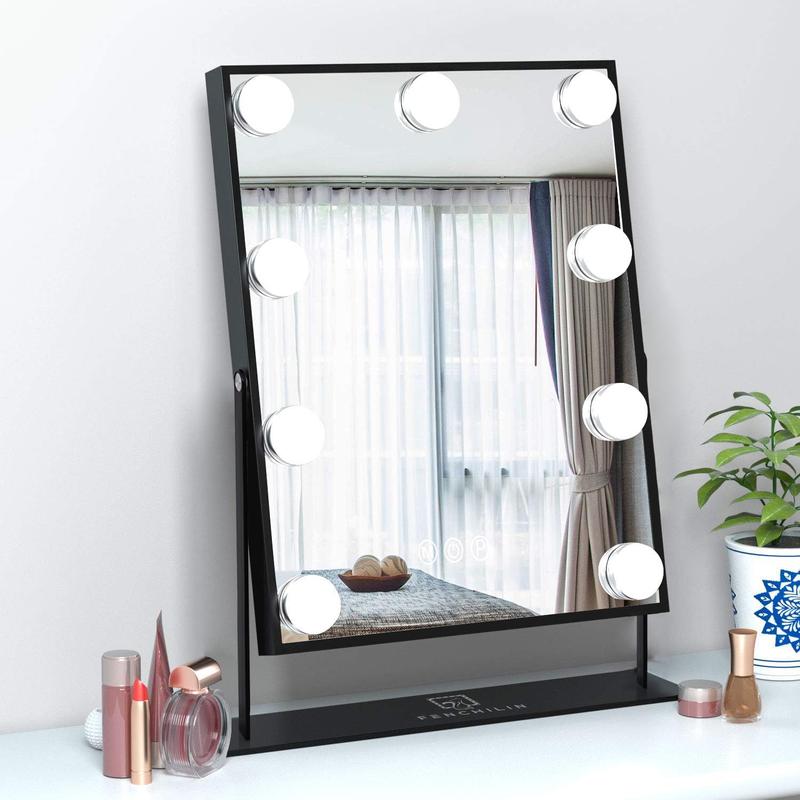 Hollywood Mirror with Light Lighted Makeup Mirror Vanity Makeup Mirror Smart Touch Control 3 Colors Dimable Light Detachable 10X Magnification 360°Rotation(Black)